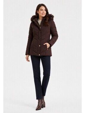 Michael Kors Women’s Brown Puffer Jacket Faux Fur Hood Size XL NWT